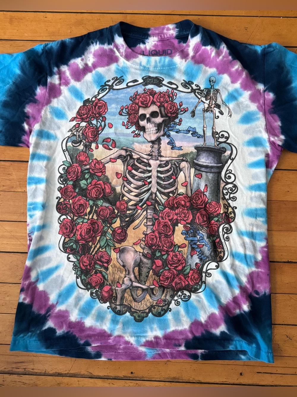 Liquid Blue Grateful Dead Blue Purple Tie-Dye Skeleton & Red Rose Graphic Tee